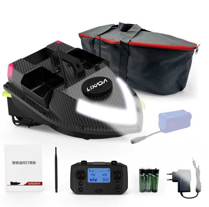 Лодка За Захранка NEW D20 Carbon GPS 600M  Сак 7 LED Светлини