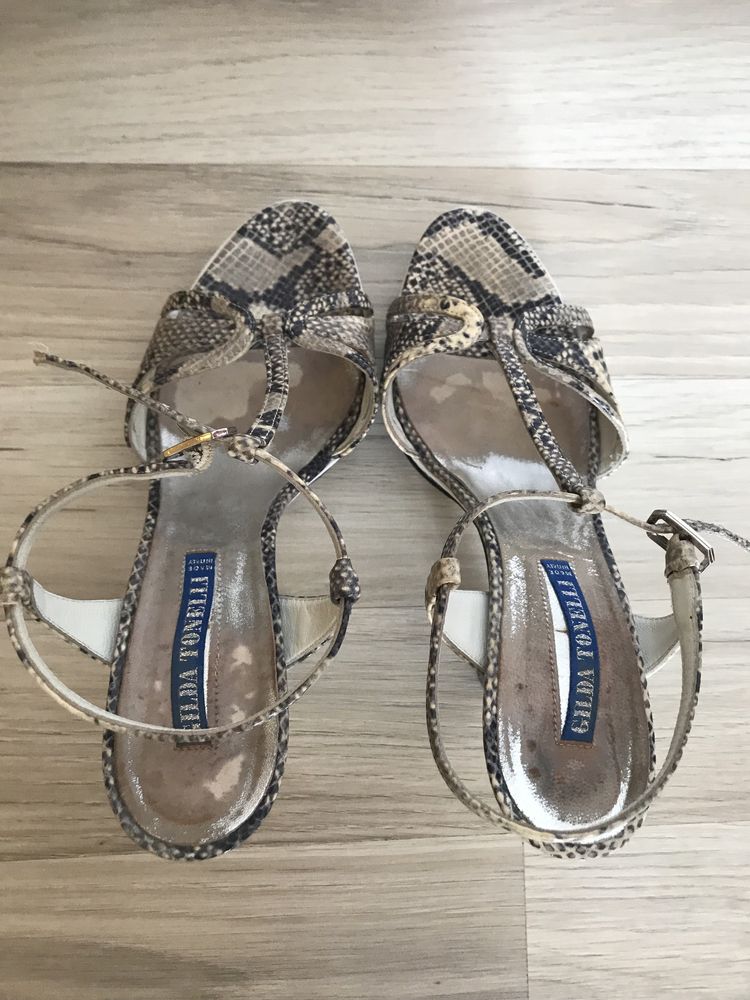 Sandale piele croco gri/alb, 39, toc inalt si platforma