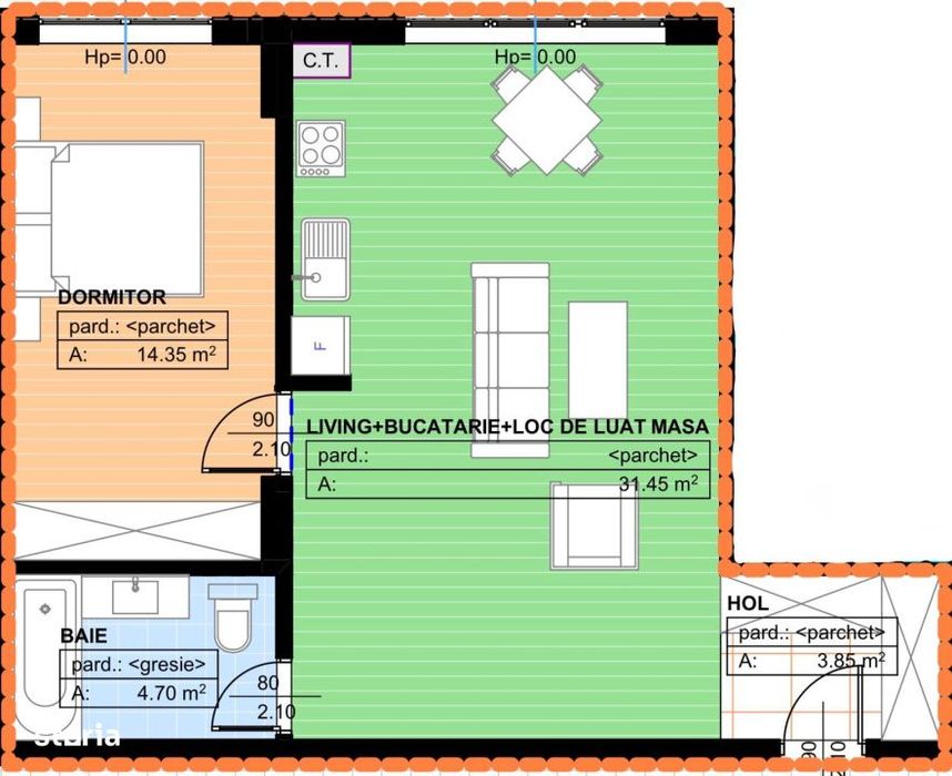 Apartament 2 camere , open-spce, 54.35mp, 1 Mai, Parc Nicolae Romanesc