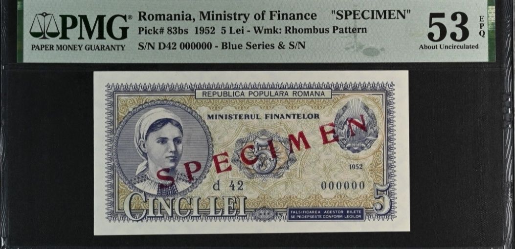 Bancnota gradata PMG 5 lei 1952 SPECIMEN