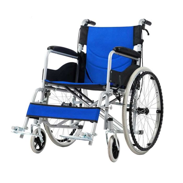 Scaun cu rotile din otel, pliabil, sezut 46 cm, CML 202AJ-46 albastru