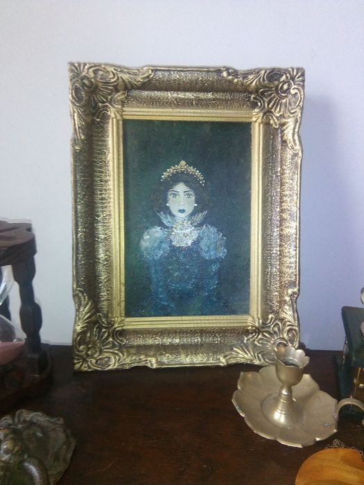 Superb tablou tema CONTESA GOTICA, pictura in ulei,semnat,rama masiva