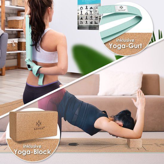 Коркова постелка за йога 183 х 62 см с блок и каишка , не плъзгаща