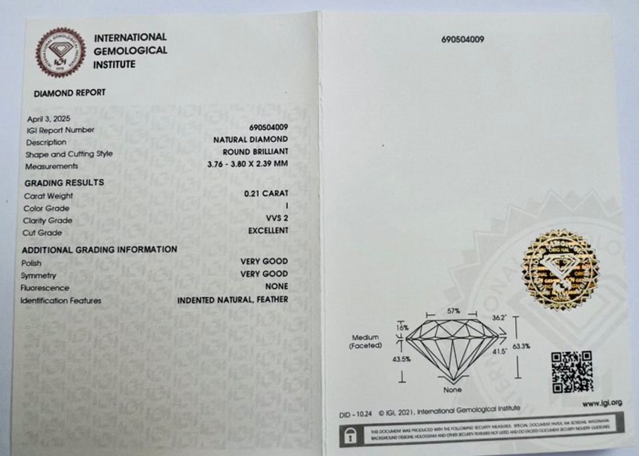 IGI certified Diamond - 0.21ct, color - I, clarity - VVS2, cut - Ex.