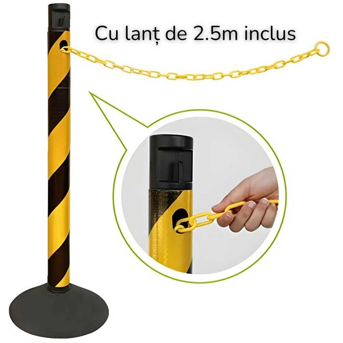 Stalp Delimitare Reflectorizant Negru-Galben cu Lanț 87cm