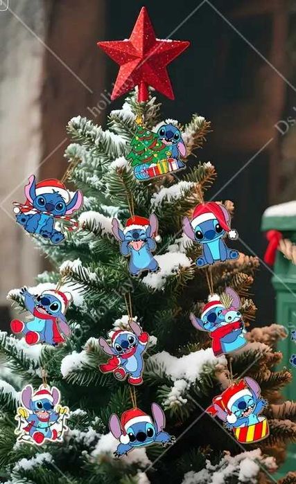 Коледна декорация Stitch/Стич –дървени топки, коледни чорапи и стикери