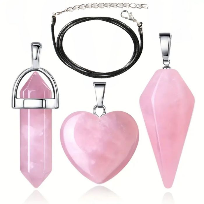 Set 3 cristale Cuarț Roz+Colier piele eco. Reiki, aduc iubire, noroc.