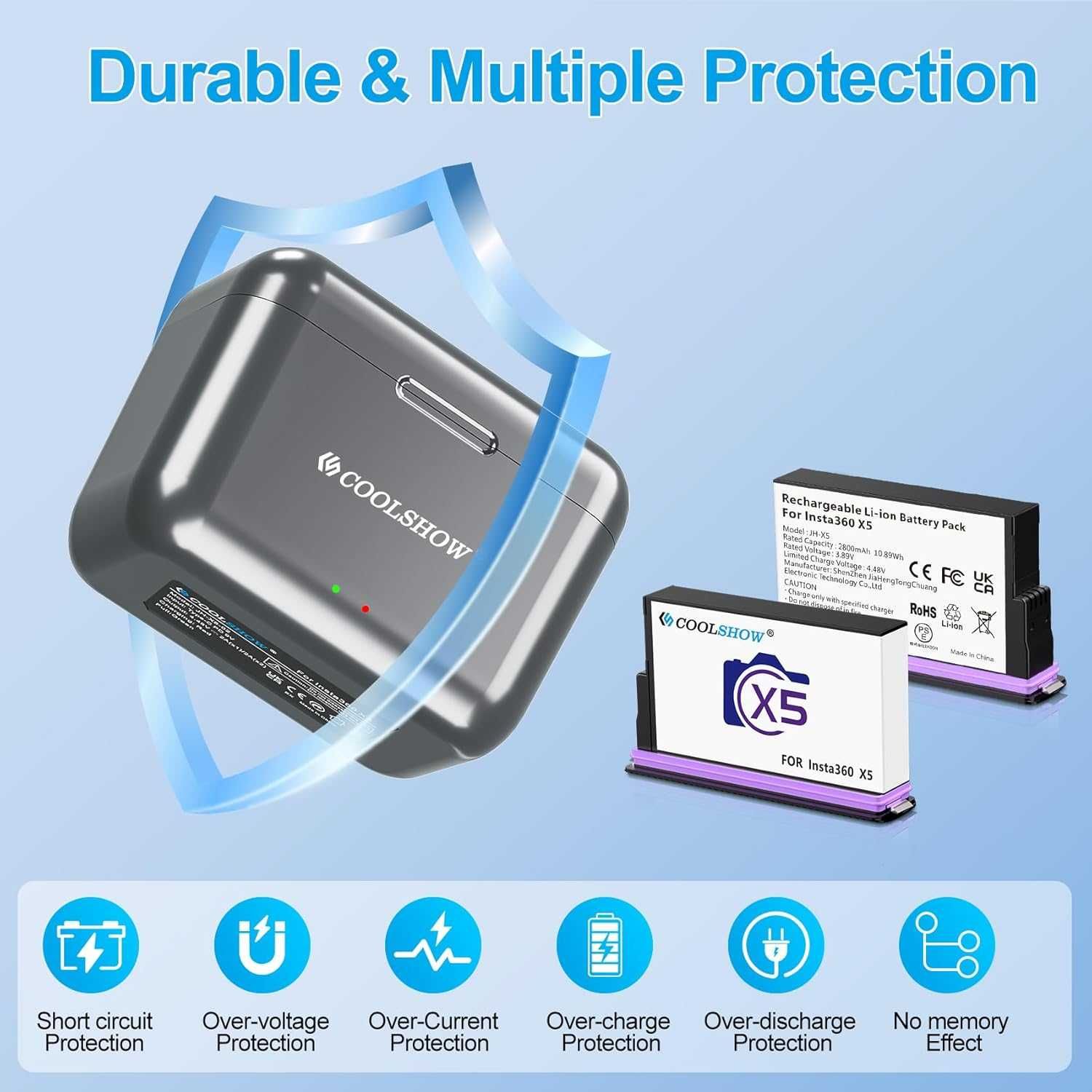 COOLSHOW 360 X5 батерии 2800mAh 2 броя със защитен калъф бързо зарядно