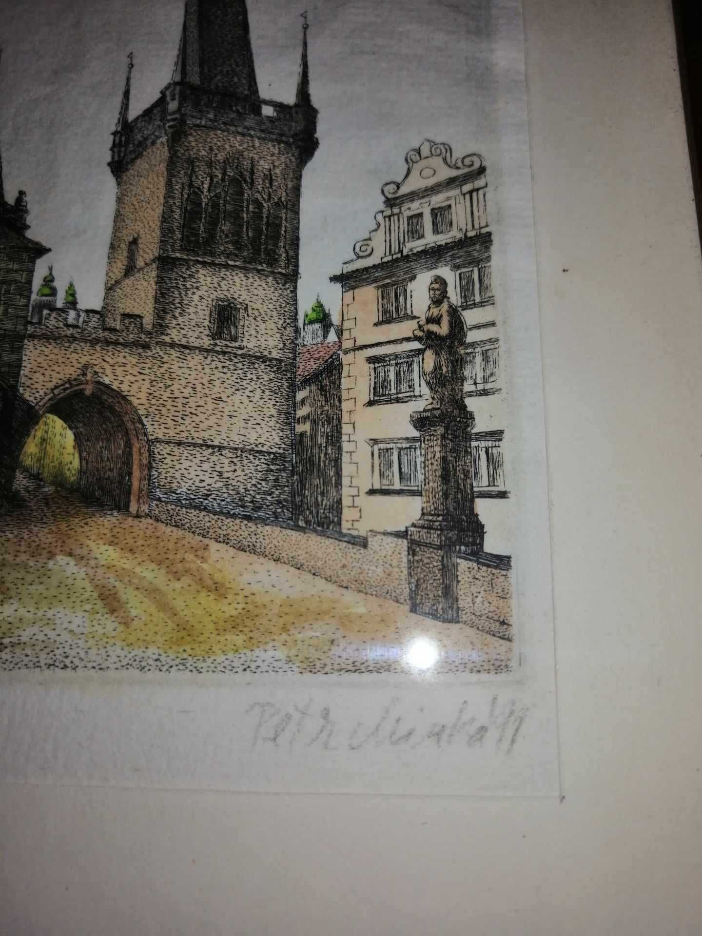 2x tablou desen gravura colorata miniatura Petr Minka 1991 Praga