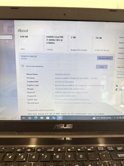 Laptop Asus X556U, 120GB SSD/8GB RAM, Intel Core i7-6500U  CPU 2.59GHz