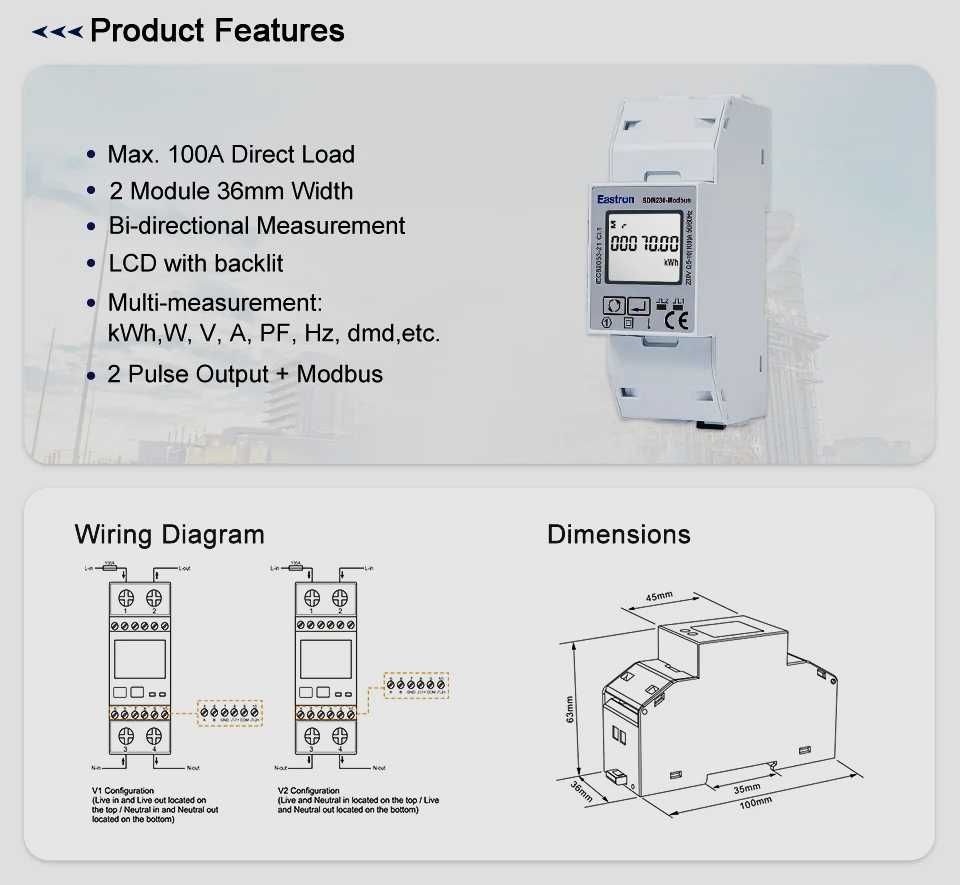 Vand Smart Meter  SDM230 Modbus monofazat Growatt nou