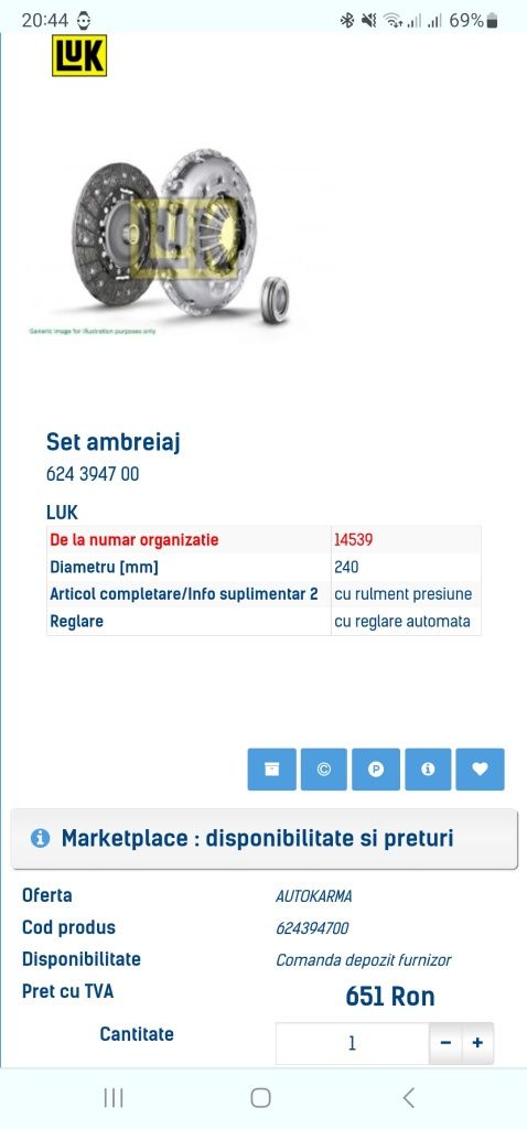 Set ambreiaj Peugeot 308 2015 1.6HDI LUK cod 624 3947 00 folosit 2luni