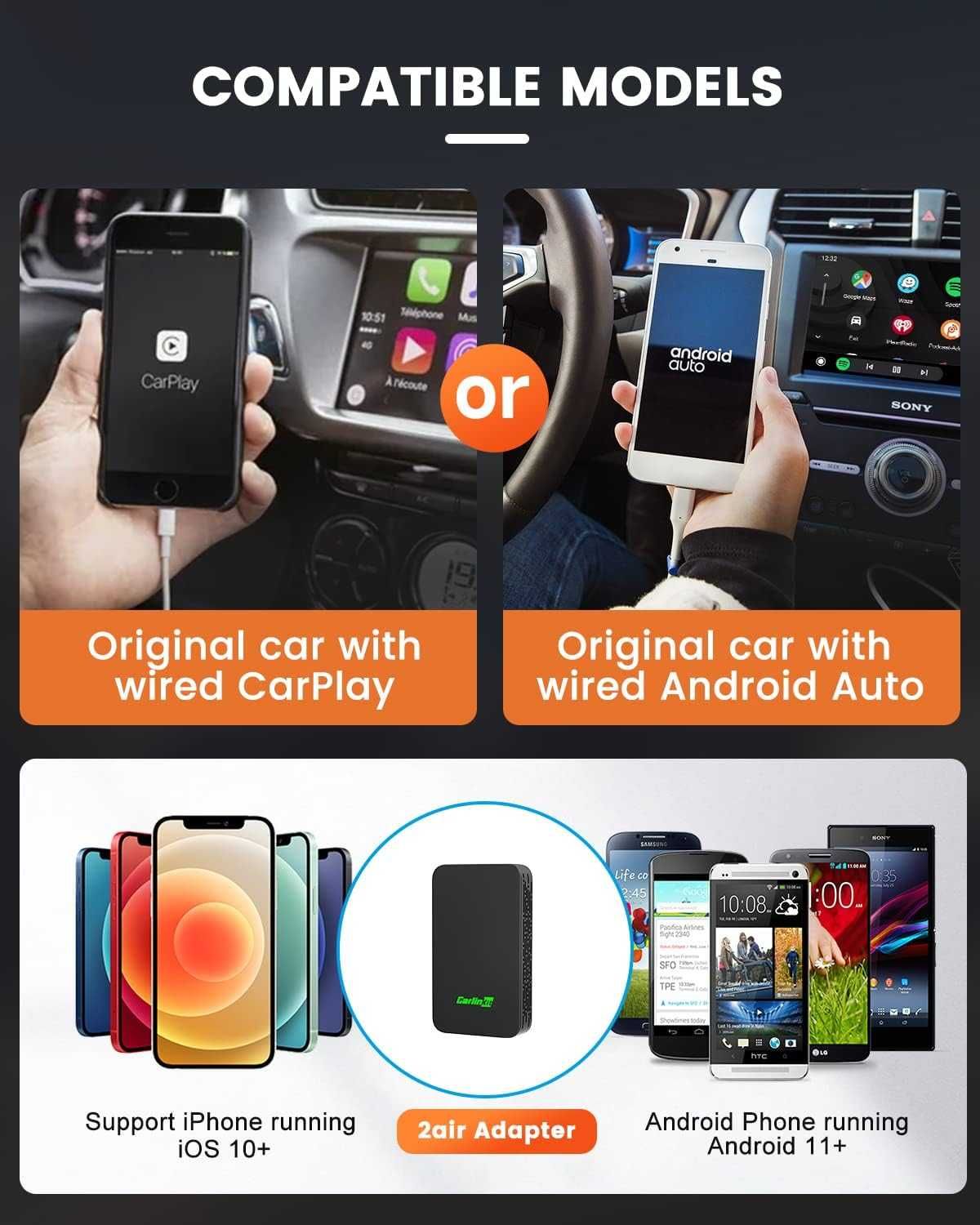 Безжичен адаптер CarlinKit, Съвместим с Apple Carplay/Android Auto 5.0