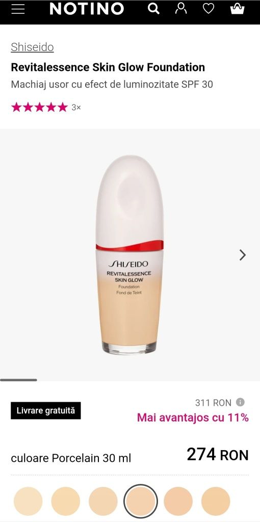 Fond de ten Shiseido Revitalessence Skin Glow Foundation Porcelaine