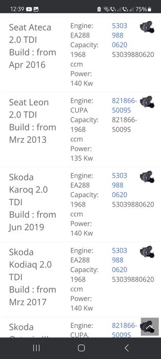 Turbo Skoda Octavia Superb Kodiaq Karoq 2.0 tdi 135-140kw