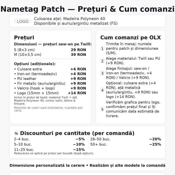 Patch name tag brodat – custom (nume / logo) – velcro/termic