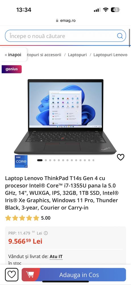 Laptop Lenovo ThinkPad T14 G3 i7-1265U 14" - 16GB și 32 GB!