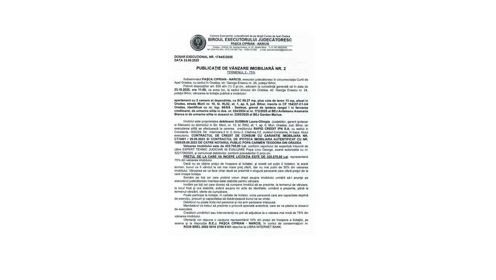 Apartament Oradea. Procedura executare silita.
