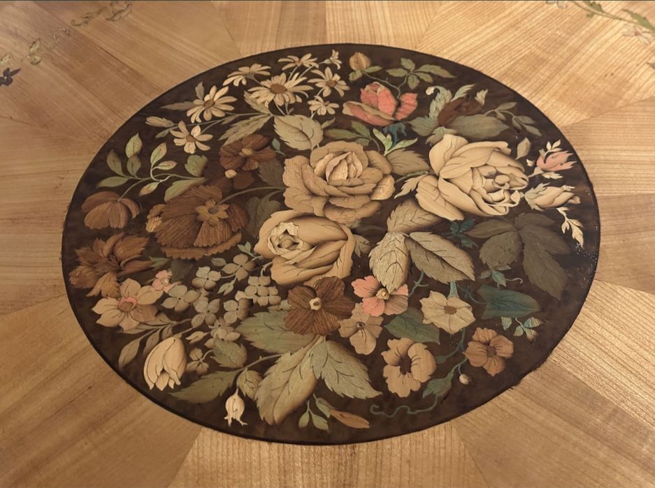 Masa cafea intarsii lemn masiv 77x64cm superba antica biedermeier