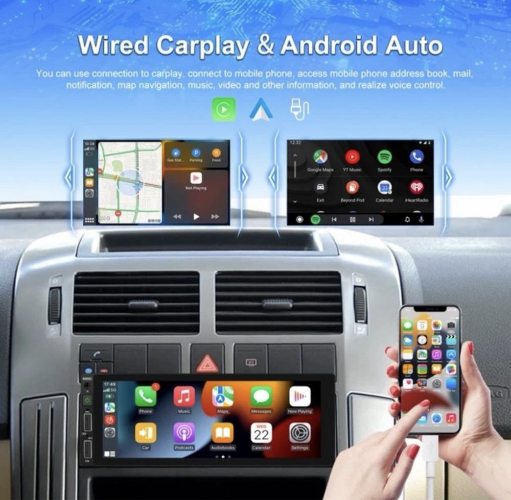 Мултимедия 1 din за кола с 6,8” дисплей, Carplay, Waze, Bluetooth