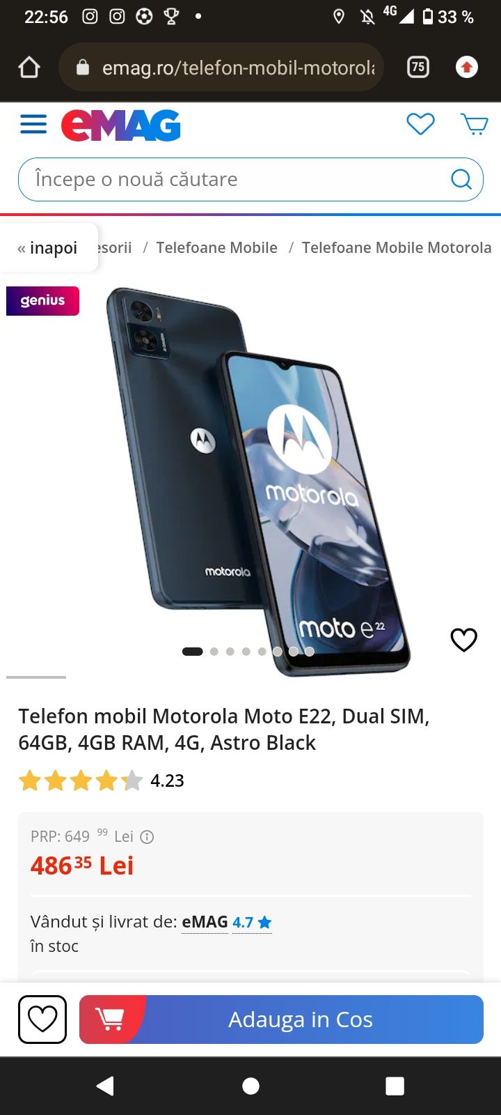 Vând Motorola moto E22 64GB Rom/4GBRam
