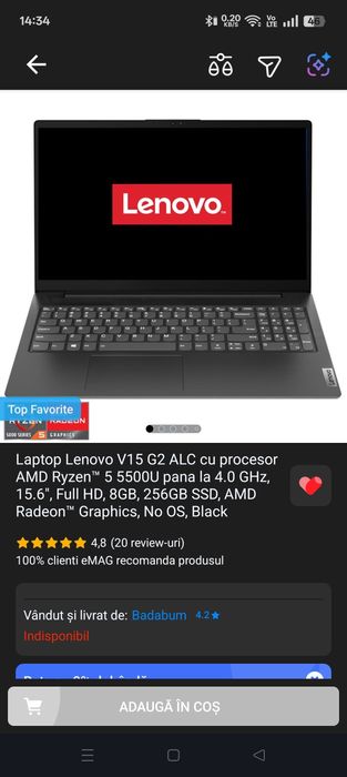 Laptop Lenovo V15 G2 ALC cu procesor AMD Ryzen™ 5 5500U pana la 4.0 GH