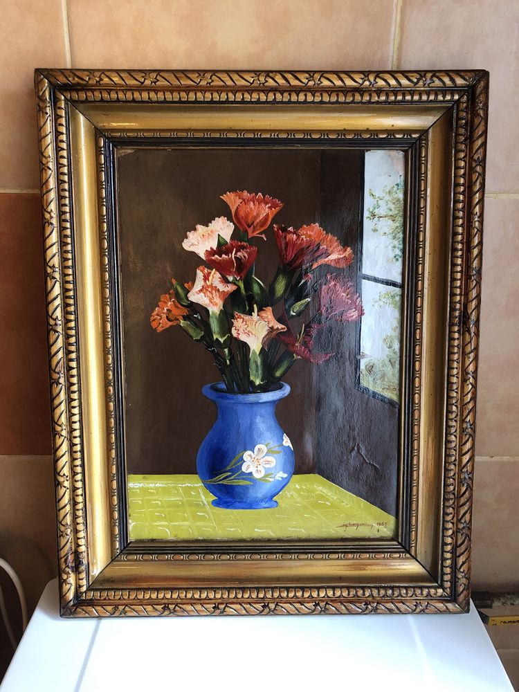 Tablou / pictură în ulei pe lemn / vaza / garoafe / flori