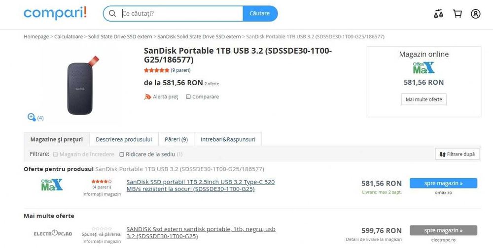 SSD Extern SanDisk Portable, 1TB, USB 3.2 Type-C – Nou, Sigilat