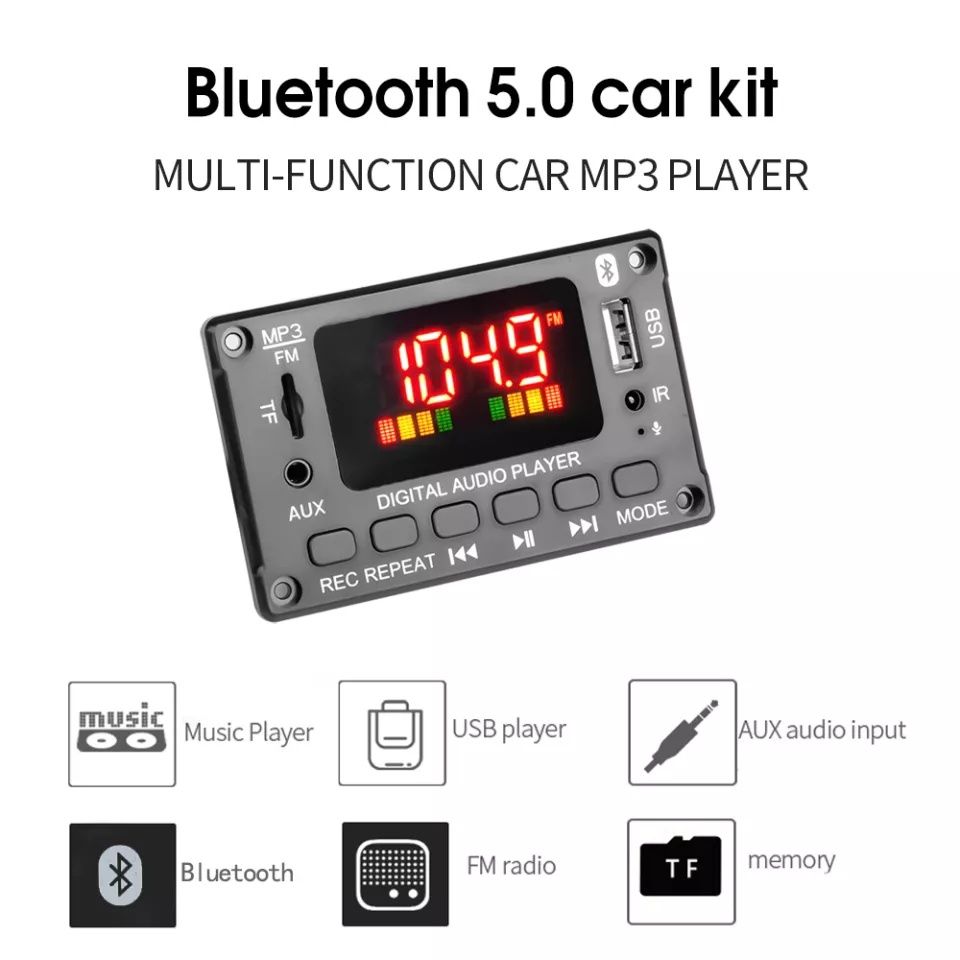 MP 3 player 12V за вграждане с Bluetooth 5.0, микрофон,Tf card,,Fm,AUX