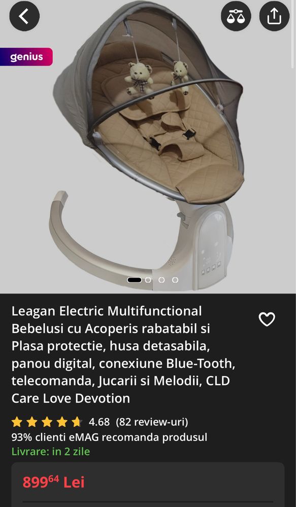 Leagan electric multifunctional bebelusi cu acoperis rabatabil