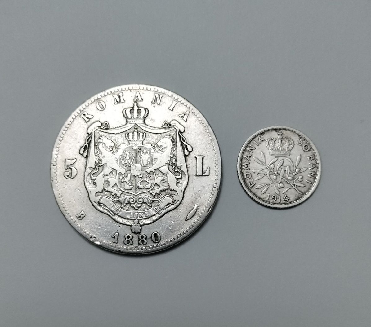 Monede 5 lei 1880(gravor pe cerc); 50 bani 1914 Carol l, argint