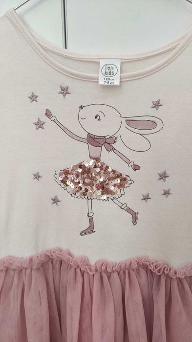 Rochie fete cu baza tulle si imprimeu iepuras paiete, 128 cm