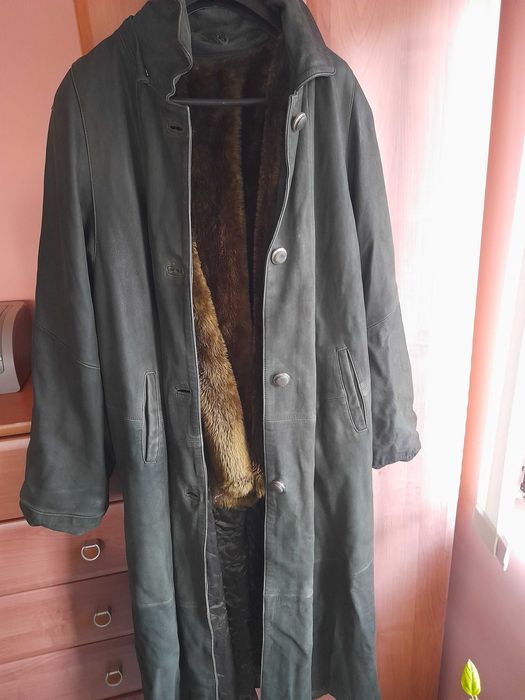 Зелено палто естествена кожа