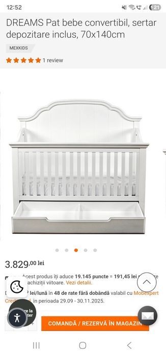 Pat bebe lemn alb Dreams Mobexpert 1.40+saltea cocos