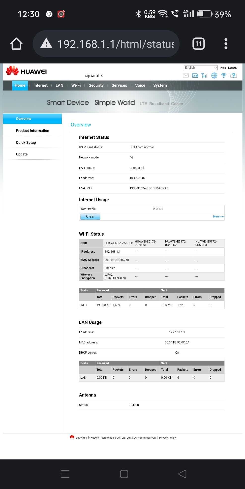 Router modem Huawei E5172 LTE CPE  4G Digi Sim