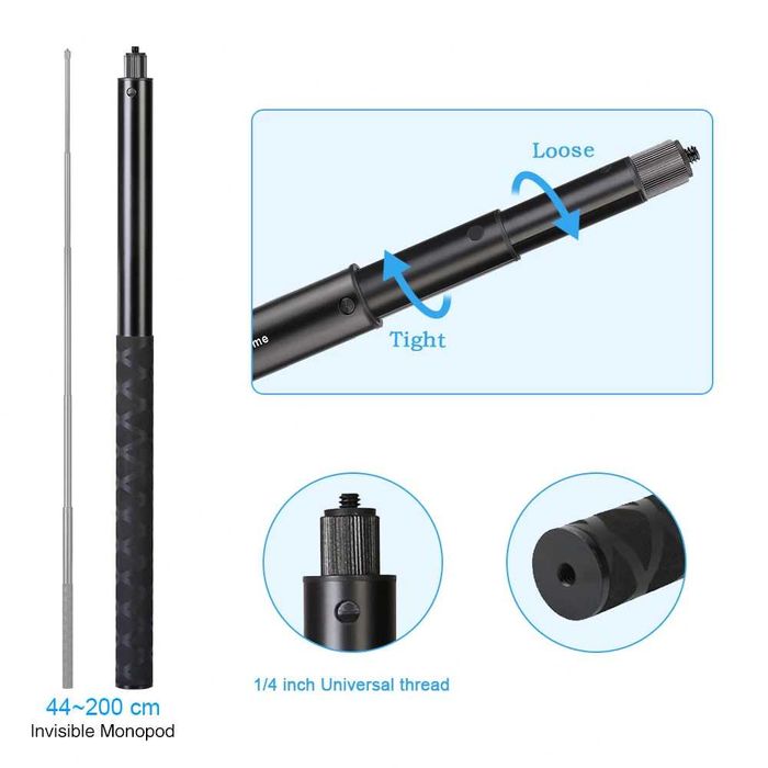 Invisible Selfie Stick invizibil Insta360 X2 X3 X4 X5 GoPro Max - 2m