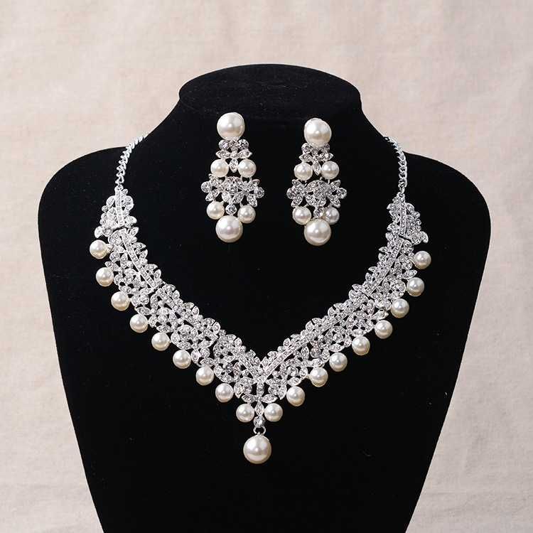 diadema coronita tiara + cercei + colier set cu perle argintiu