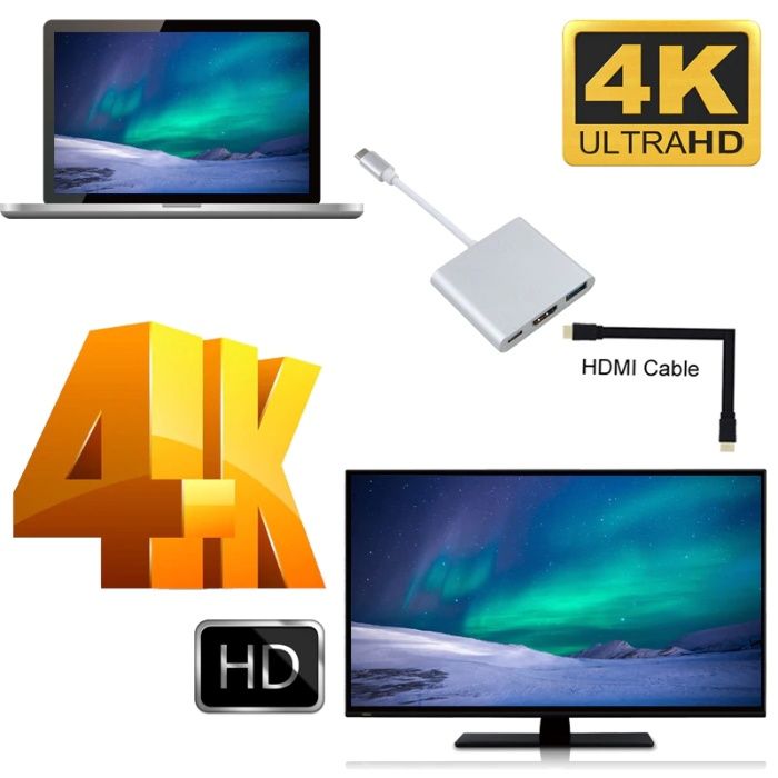 Алуминиев Type-C(USB-C) хъб към HDMI/USB 3.0/Type-C конвертор + Гаранц