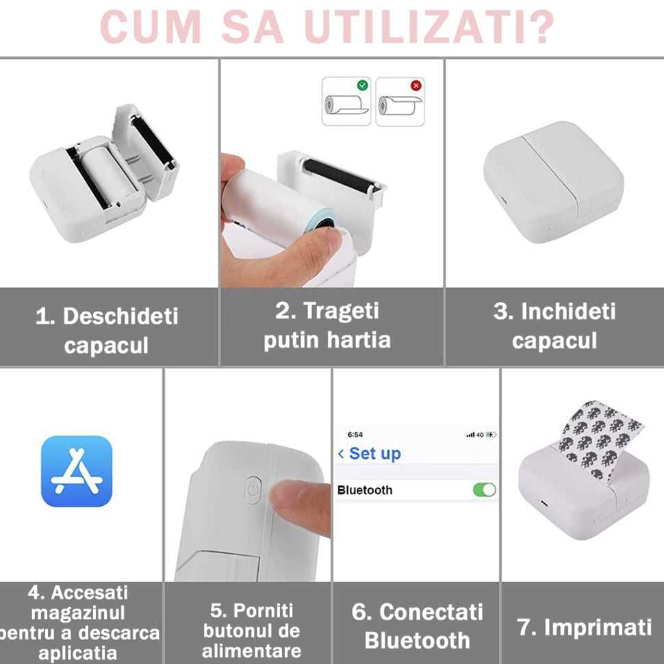 Mini imprimanta termica portabila pentru telefon, 1 rola hartie