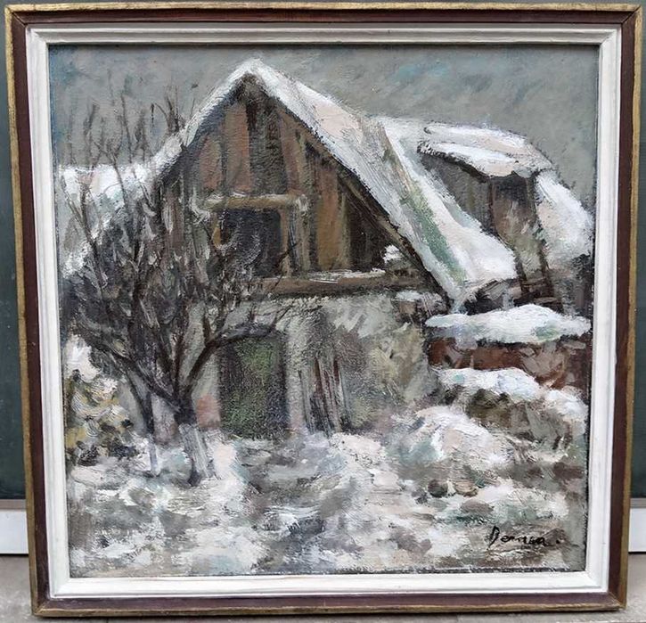 Tablou vechi - iarna in sat - semnat Bernea