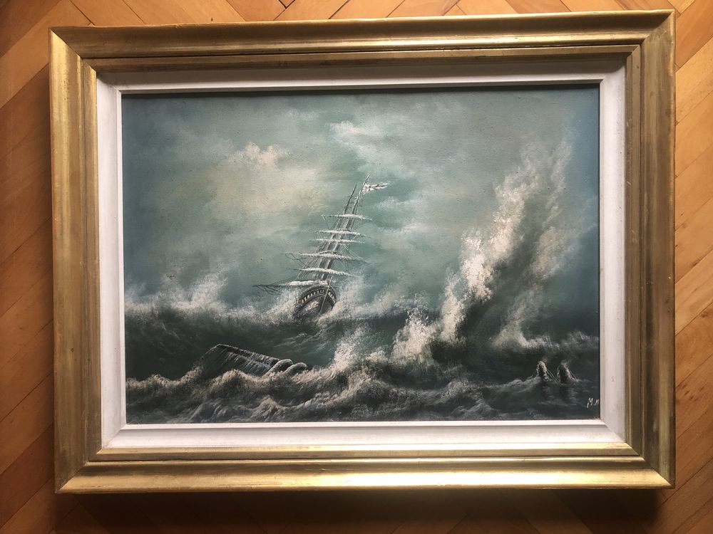 Tablou,pictura veche in ulei pe panza,furtuna pe mare,semnat
