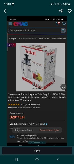 Storcator de fructe si legume Tefal Easy Fruit ZE581B ,700 W