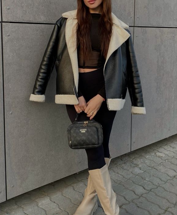 Кожено яке с бежов пух