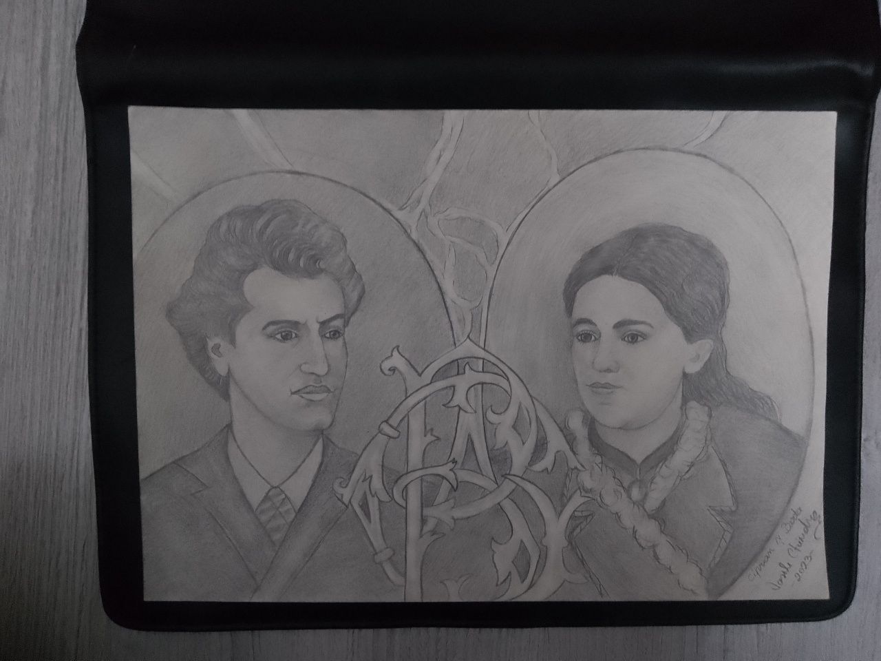 Desen în creion Ciprian Porumbescu și Bertha