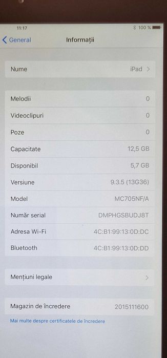 Vând tabletă Apple iPad 2 (model MC705NF/A)
