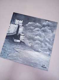 Castelul, canvas,  tablou acrilic alb negru, vopsea