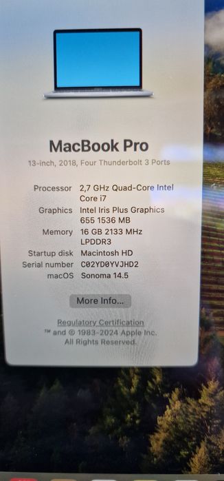 Macbook Pro 13",mid 2018,ssd 256,16gb ram