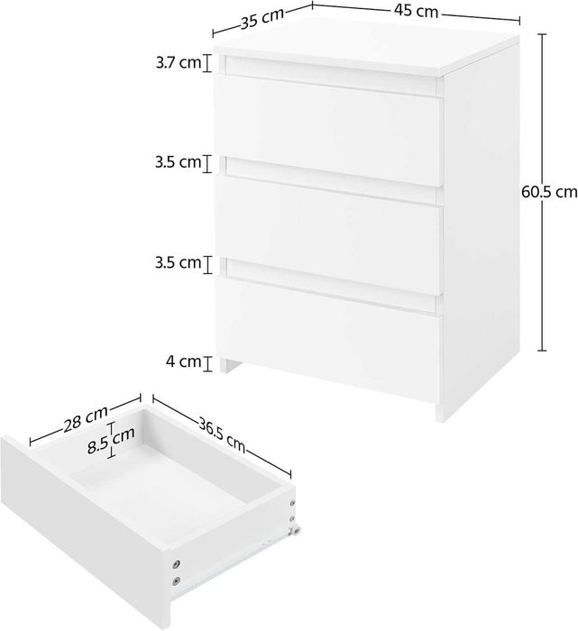 Noptiera moderna cu 3 sertare, masa laterala alba, MDF |S 592874 White