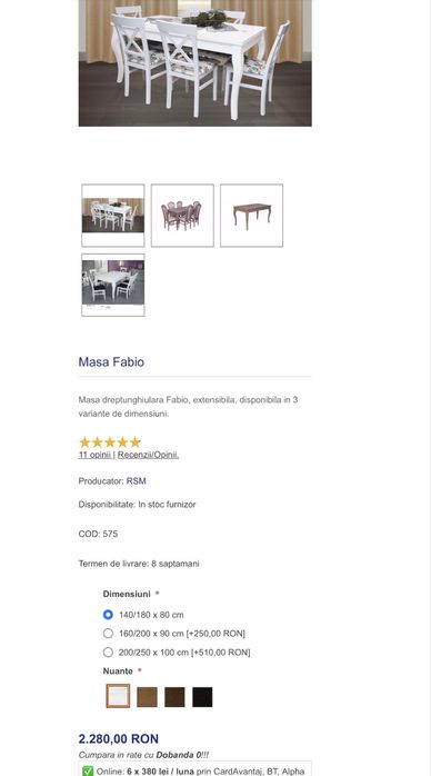 Masa extensibila din lemn masiv  cu 6 scaune