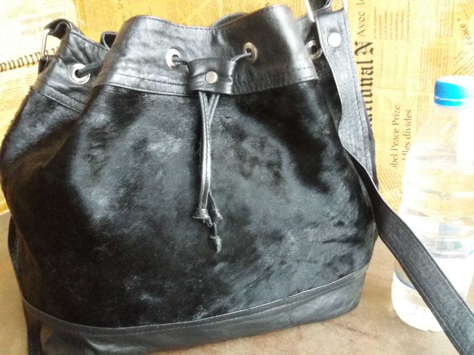 дамска чанта,черна малка кожена торба-естествена кожа и косъм